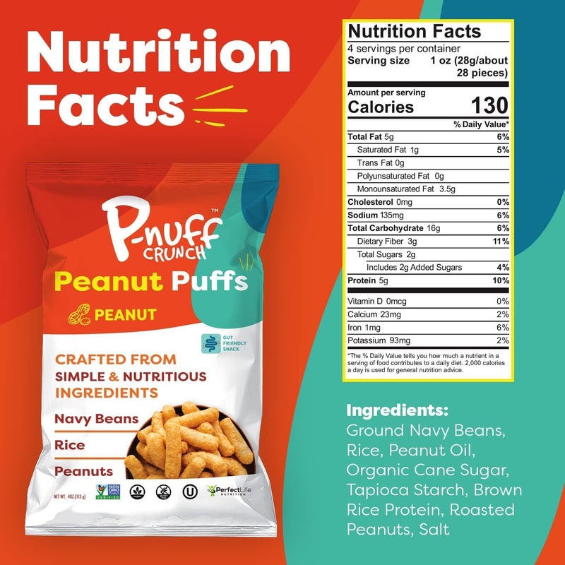 Pnuff P-nuff Crunch Peanut Puffs Savory Variety Pack - Healthy Snacks, Keto, Gluten Free, 20g Vegan Protein per Bag, 4oz Bag, 6-Pack - Image 4